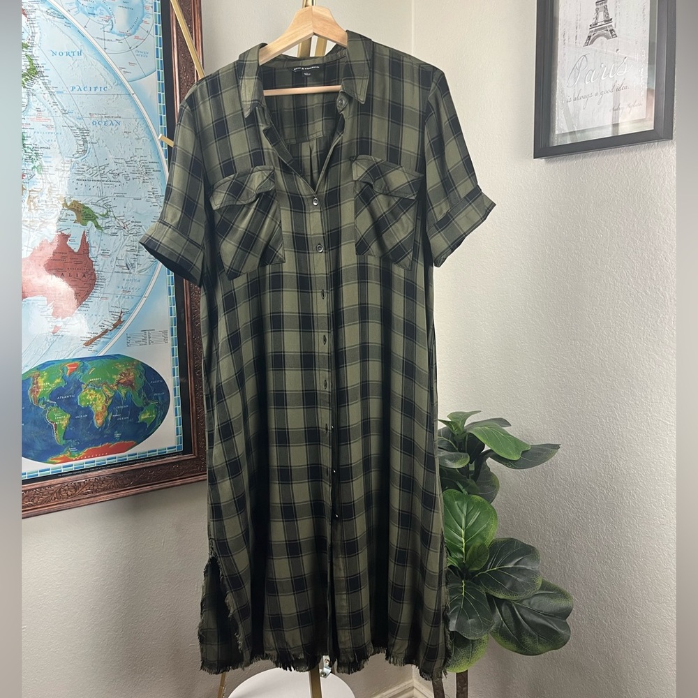 Olive green and black plaid Rock and Republic shirtdress with frayed hem SZ L